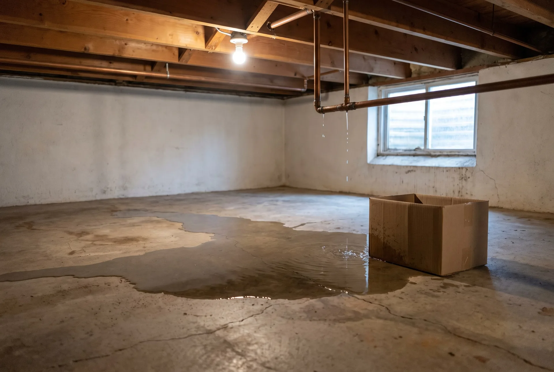 A puddle spreading across a bare concrete basement floor under copper pipes, with a damp cardboard box beside it.